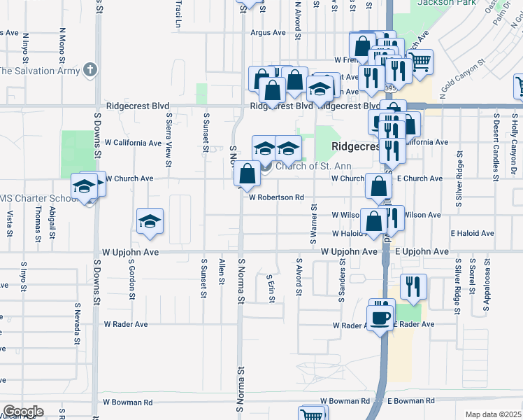 map of restaurants, bars, coffee shops, grocery stores, and more near 424 West Wilson Avenue in Ridgecrest