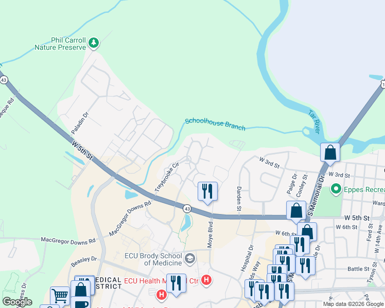 map of restaurants, bars, coffee shops, grocery stores, and more near 1002 Treybrooke Circle in Greenville