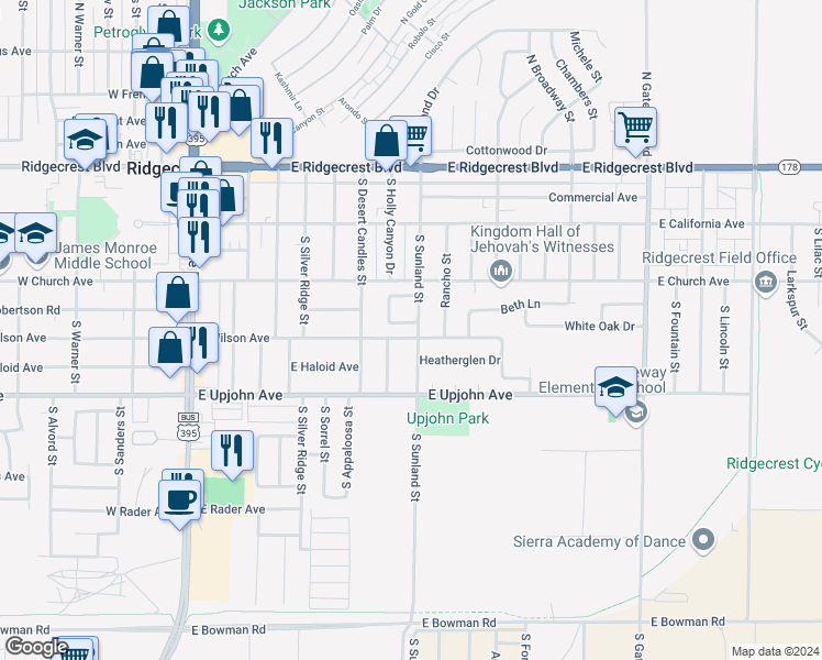 map of restaurants, bars, coffee shops, grocery stores, and more near 441 Debra Lane in Ridgecrest