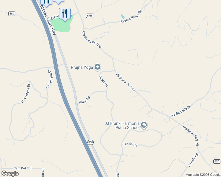 map of restaurants, bars, coffee shops, grocery stores, and more near 2 Toltec Road in Santa Fe