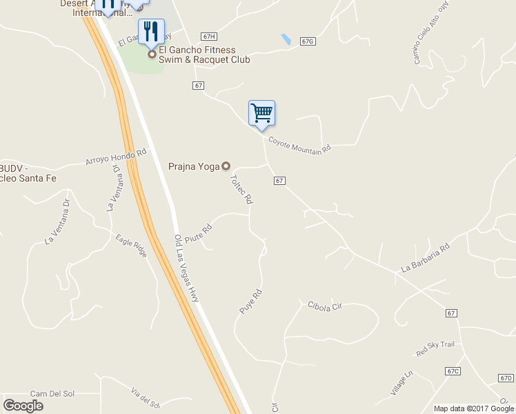 map of restaurants, bars, coffee shops, grocery stores, and more near 2 Toltec Road in Santa Fe