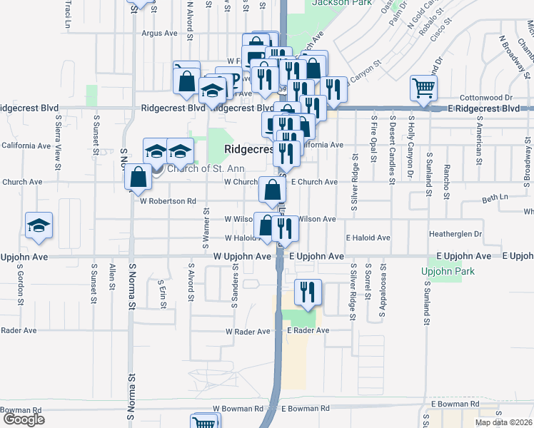 map of restaurants, bars, coffee shops, grocery stores, and more near 118 West Wilson Avenue in Ridgecrest