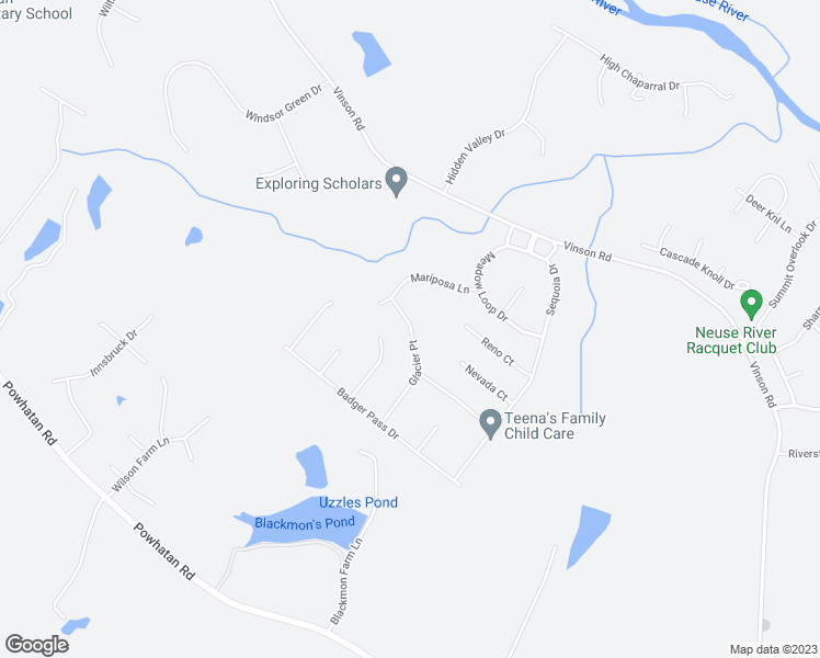 map of restaurants, bars, coffee shops, grocery stores, and more near Mariposa Lane in Johnston County