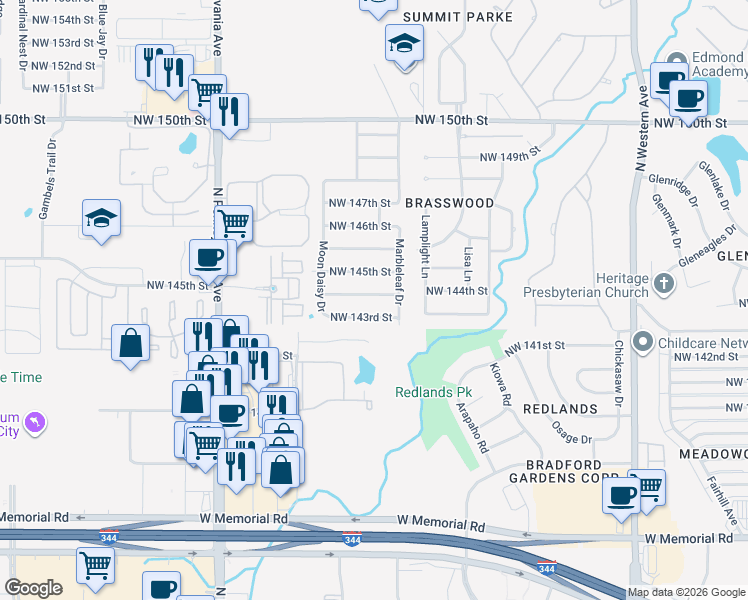 map of restaurants, bars, coffee shops, grocery stores, and more near 1700 Northwest 144th Terrace in Edmond