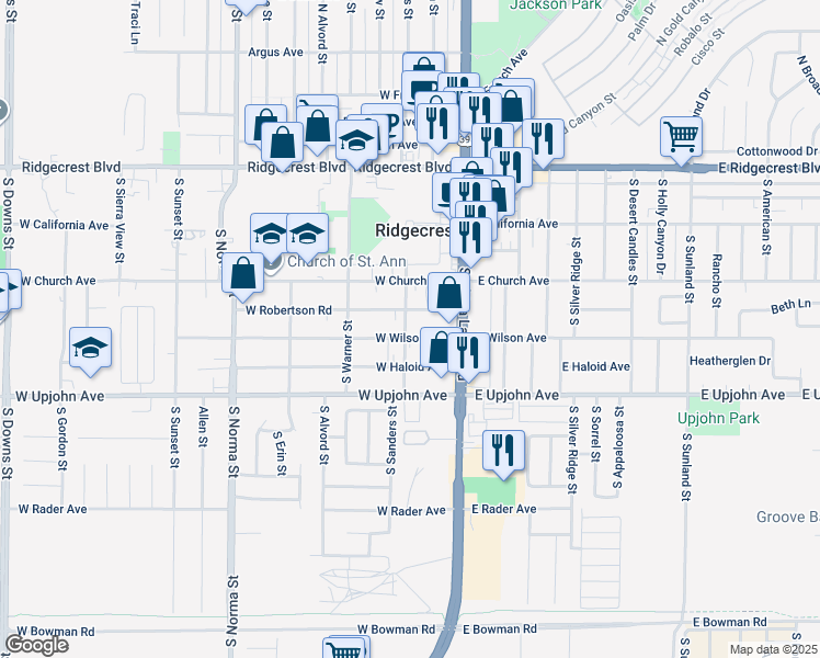 map of restaurants, bars, coffee shops, grocery stores, and more near 344 South Sanders Street in Ridgecrest