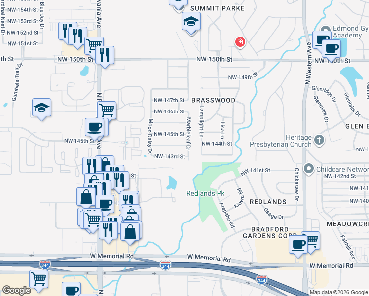 map of restaurants, bars, coffee shops, grocery stores, and more near 1612 Northwest 144th Terrace in Edmond