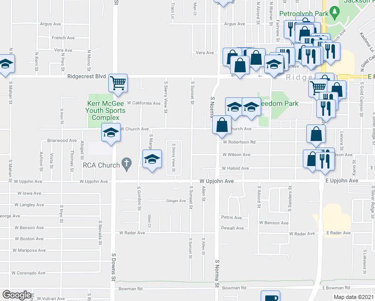map of restaurants, bars, coffee shops, grocery stores, and more near 341 South Sunset Street in Ridgecrest