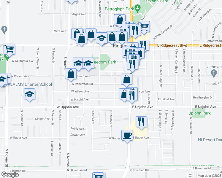 map of restaurants, bars, coffee shops, grocery stores, and more near 208 West Wilson Avenue in Ridgecrest