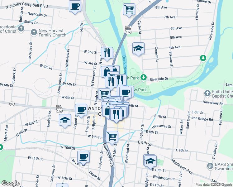 map of restaurants, bars, coffee shops, grocery stores, and more near 105 West 5th Street in Columbia