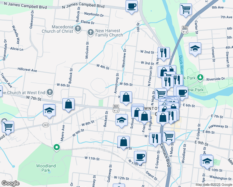 map of restaurants, bars, coffee shops, grocery stores, and more near 418 West 6th Street in Columbia