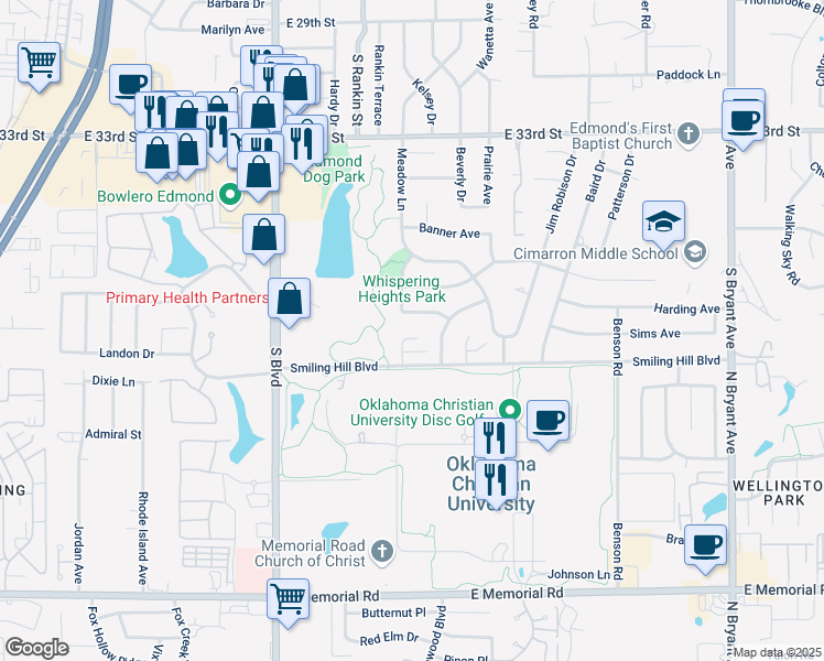 map of restaurants, bars, coffee shops, grocery stores, and more near 3909 Smiling Hill Court in Edmond