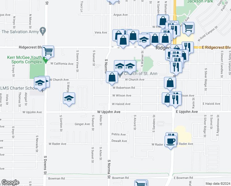 map of restaurants, bars, coffee shops, grocery stores, and more near 424 West Wilson Avenue in Ridgecrest