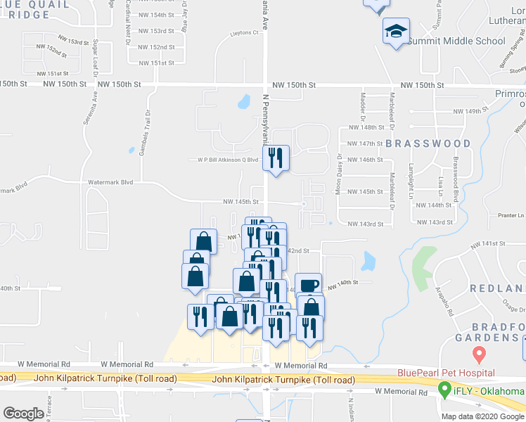 map of restaurants, bars, coffee shops, grocery stores, and more near 14415 North Pennsylvania Avenue in Oklahoma City