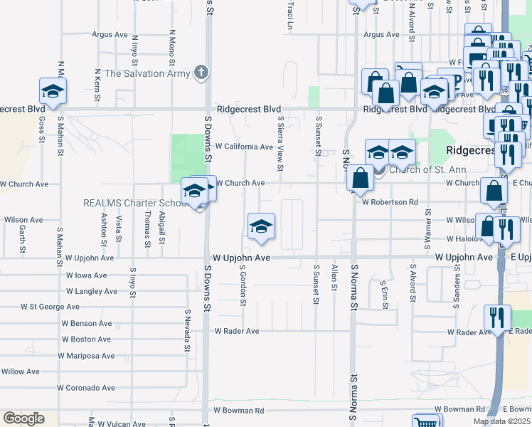 map of restaurants, bars, coffee shops, grocery stores, and more near 718 West Wilson Avenue in Ridgecrest