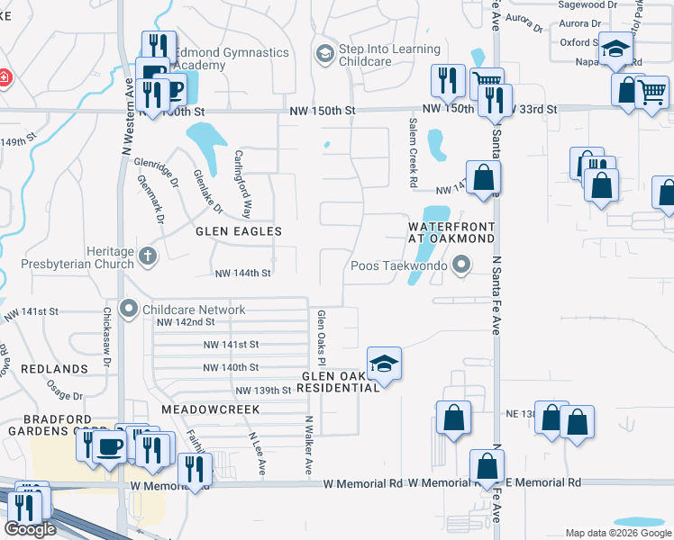 map of restaurants, bars, coffee shops, grocery stores, and more near 14508 Oakmond Road in Edmond