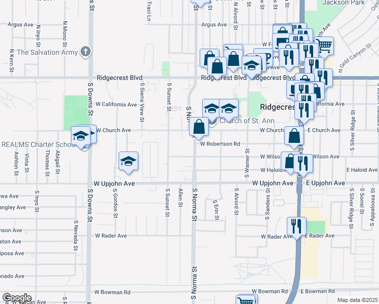 map of restaurants, bars, coffee shops, grocery stores, and more near 361 South Norma Street in Ridgecrest