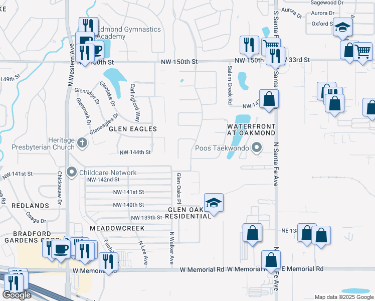 map of restaurants, bars, coffee shops, grocery stores, and more near 14508 Oakmond Road in Edmond