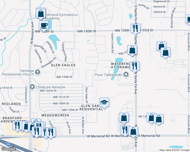 map of restaurants, bars, coffee shops, grocery stores, and more near 14508 Oakmond Road in Edmond