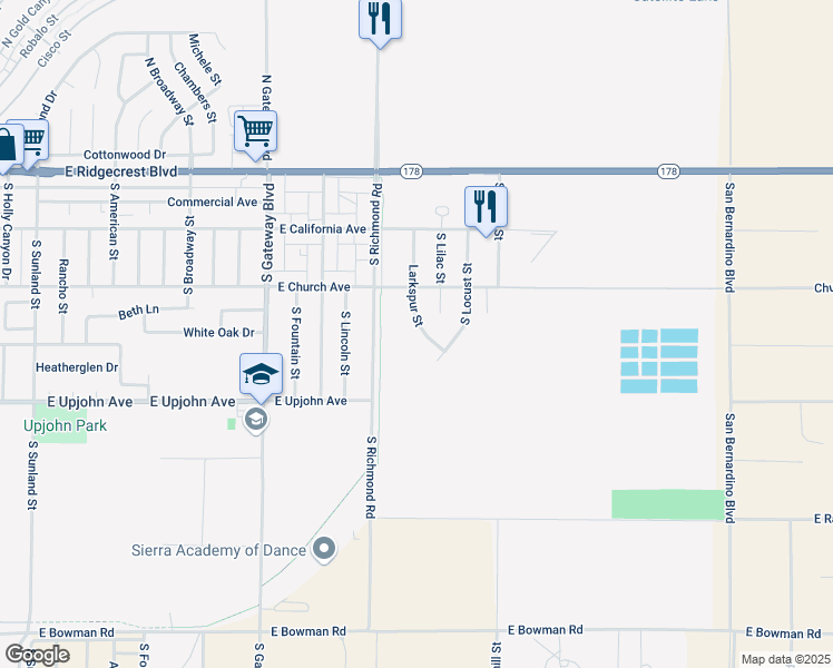 map of restaurants, bars, coffee shops, grocery stores, and more near 325 Larkspur Street in Ridgecrest