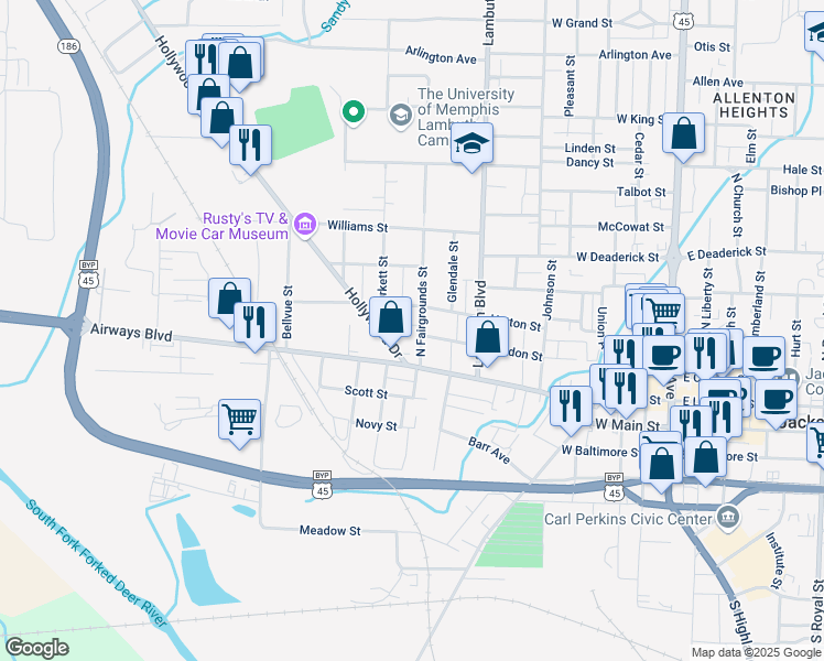 map of restaurants, bars, coffee shops, grocery stores, and more near 114 Hollywood Drive in Jackson