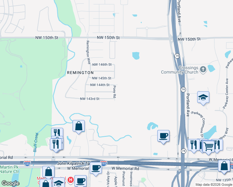 map of restaurants, bars, coffee shops, grocery stores, and more near 4100 Northwest 144th Terrace in Oklahoma City