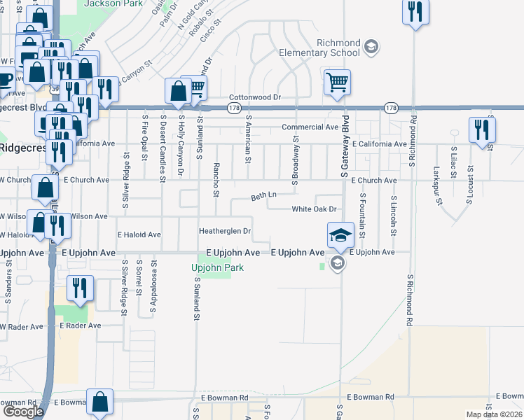 map of restaurants, bars, coffee shops, grocery stores, and more near 327 Reese Street in Ridgecrest