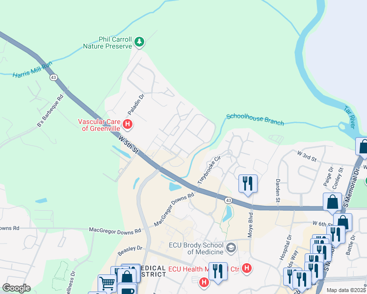 map of restaurants, bars, coffee shops, grocery stores, and more near 2708 West Arlington Boulevard in Greenville