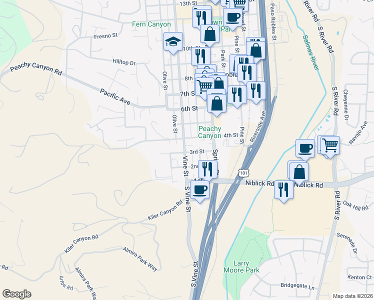 map of restaurants, bars, coffee shops, grocery stores, and more near 511 3rd Street in Paso Robles