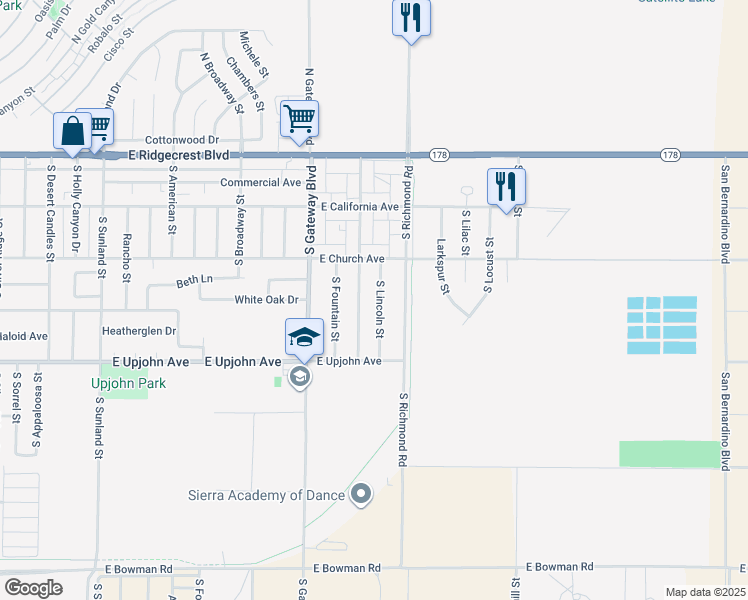 map of restaurants, bars, coffee shops, grocery stores, and more near 333 South Lincoln Street in Ridgecrest