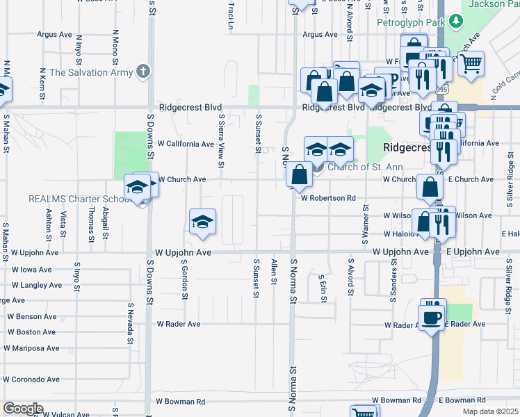 map of restaurants, bars, coffee shops, grocery stores, and more near 366 South Sunset Street in Ridgecrest