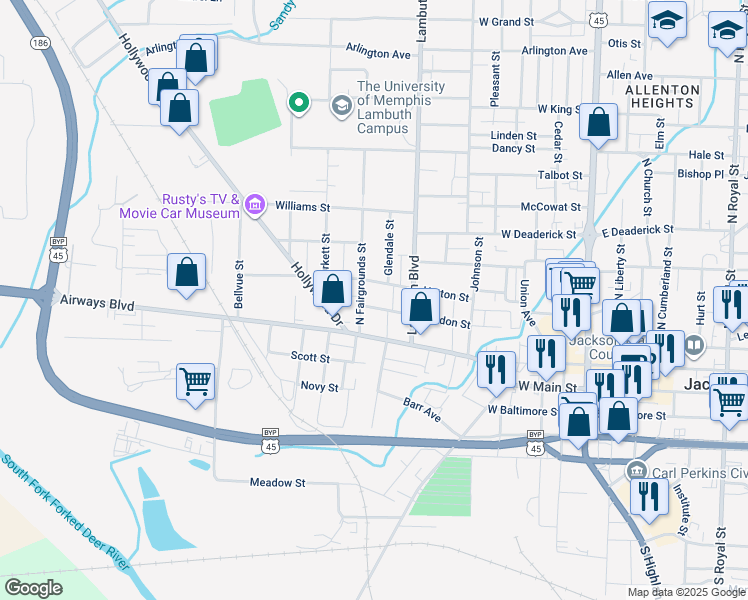 map of restaurants, bars, coffee shops, grocery stores, and more near 341 Gordon St in Jackson