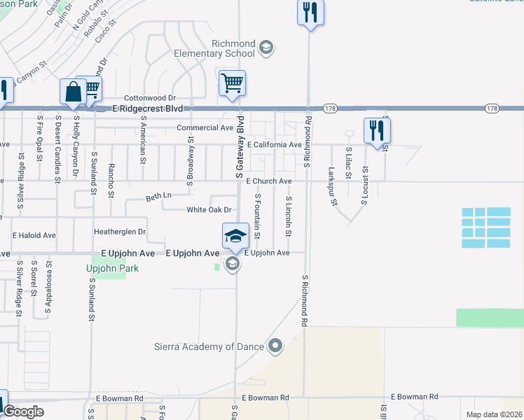 map of restaurants, bars, coffee shops, grocery stores, and more near 332 South Fountain Street in Ridgecrest