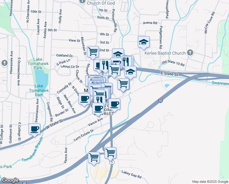 map of restaurants, bars, coffee shops, grocery stores, and more near 115 Richardson Boulevard in Black Mountain