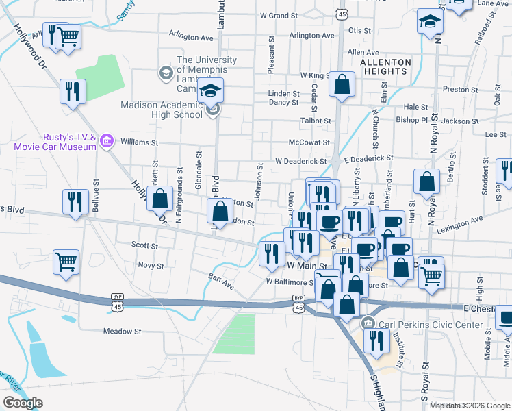 map of restaurants, bars, coffee shops, grocery stores, and more near 301 Johnson Street in Jackson