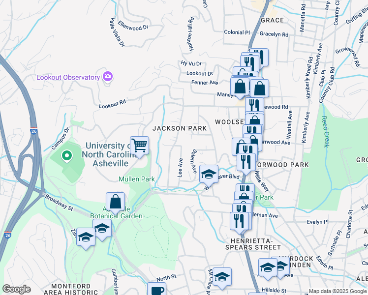 map of restaurants, bars, coffee shops, grocery stores, and more near 5 Lee Avenue in Asheville
