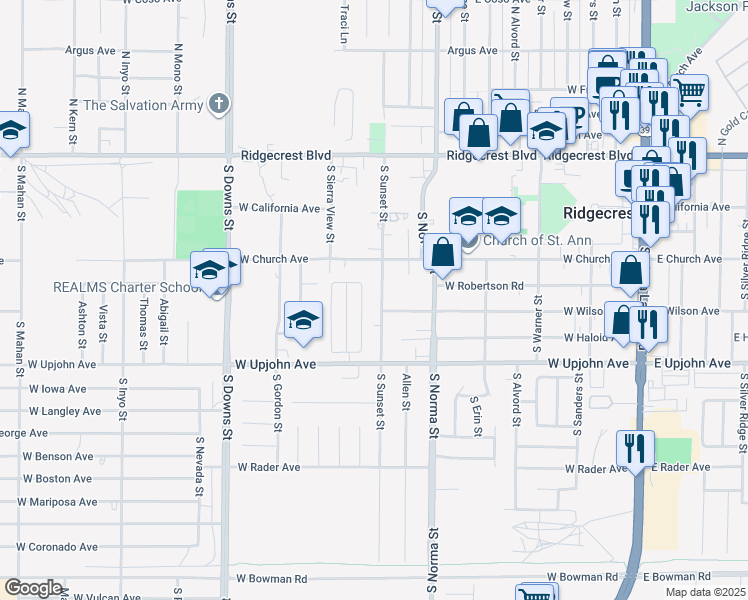 map of restaurants, bars, coffee shops, grocery stores, and more near 364 South Sunset Street in Ridgecrest