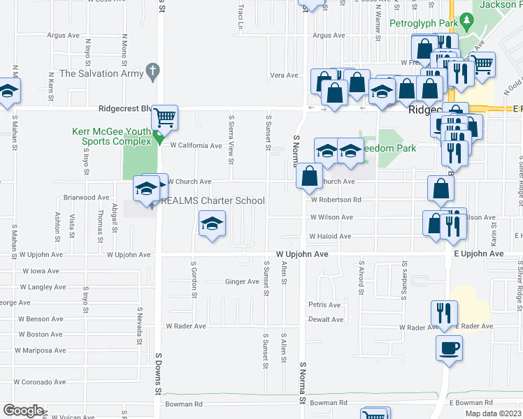 map of restaurants, bars, coffee shops, grocery stores, and more near 337 South Sunset Street in Ridgecrest