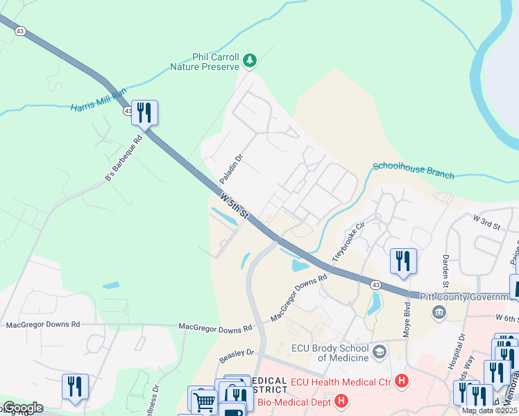 map of restaurants, bars, coffee shops, grocery stores, and more near 640 Brighton Park Drive in Greenville