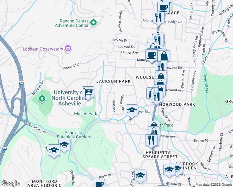 map of restaurants, bars, coffee shops, grocery stores, and more near 5 Lee Avenue in Asheville