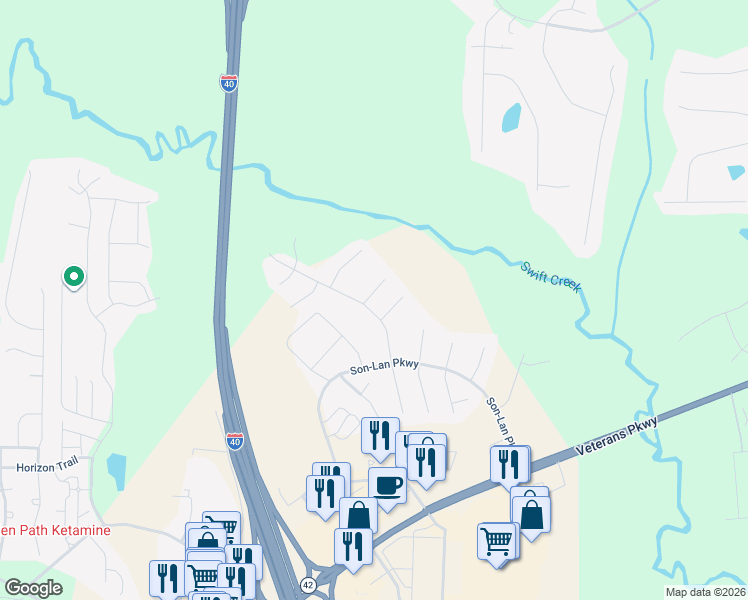 map of restaurants, bars, coffee shops, grocery stores, and more near 26 Capewood Court in Garner
