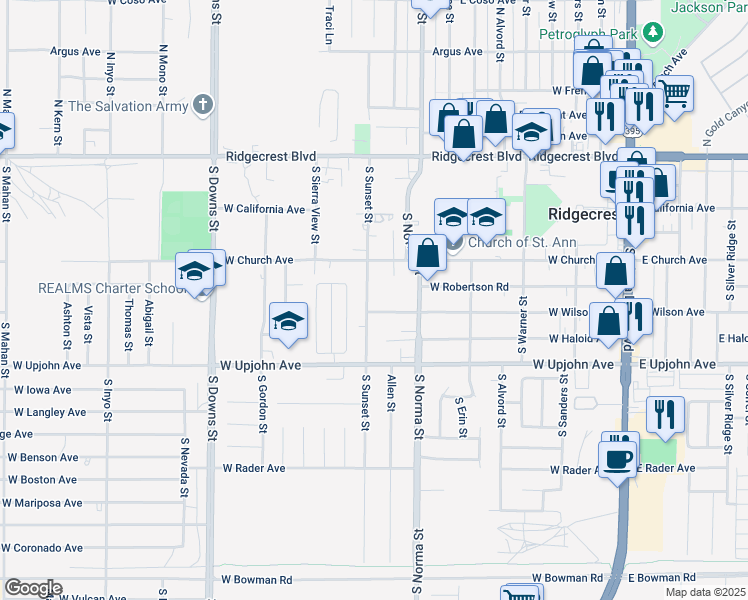 map of restaurants, bars, coffee shops, grocery stores, and more near 364 South Sunset Street in Ridgecrest