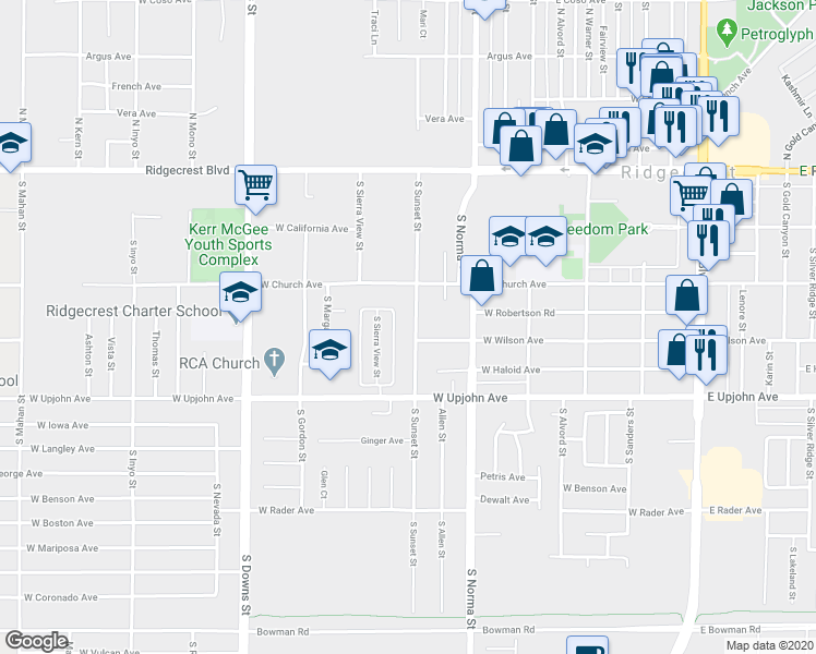 map of restaurants, bars, coffee shops, grocery stores, and more near 364 South Sunset Street in Ridgecrest