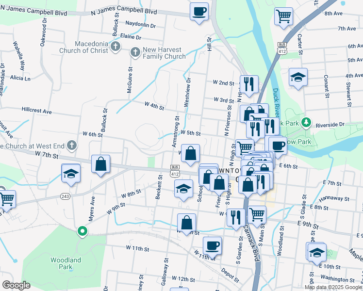 map of restaurants, bars, coffee shops, grocery stores, and more near 418 West 6th Street in Columbia