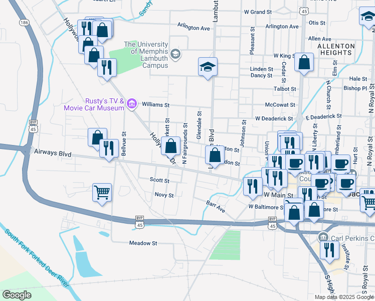 map of restaurants, bars, coffee shops, grocery stores, and more near 341 Gordon Street in Jackson