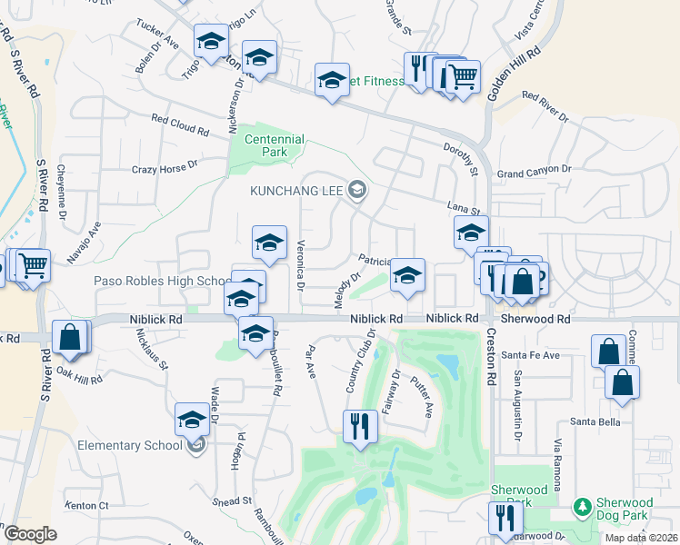 map of restaurants, bars, coffee shops, grocery stores, and more near 1036 Samantha Drive in Paso Robles