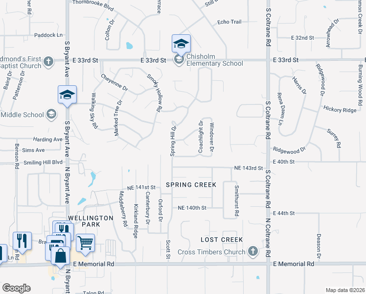 map of restaurants, bars, coffee shops, grocery stores, and more near 2300 Yorkshire Court in Edmond