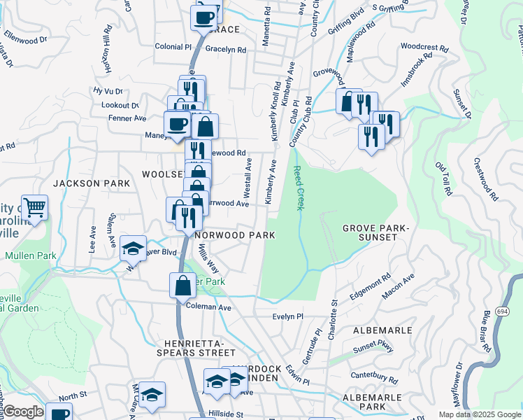 map of restaurants, bars, coffee shops, grocery stores, and more near 162 Kimberly Avenue in Asheville
