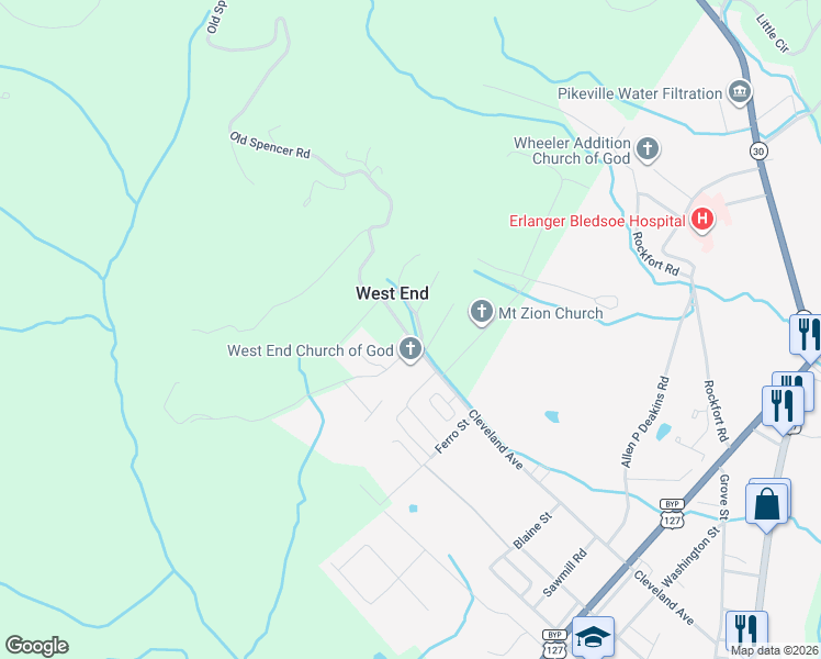 map of restaurants, bars, coffee shops, grocery stores, and more near 128 Old Spencer Road in Pikeville