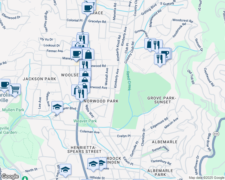 map of restaurants, bars, coffee shops, grocery stores, and more near 162 Kimberly Avenue in Asheville