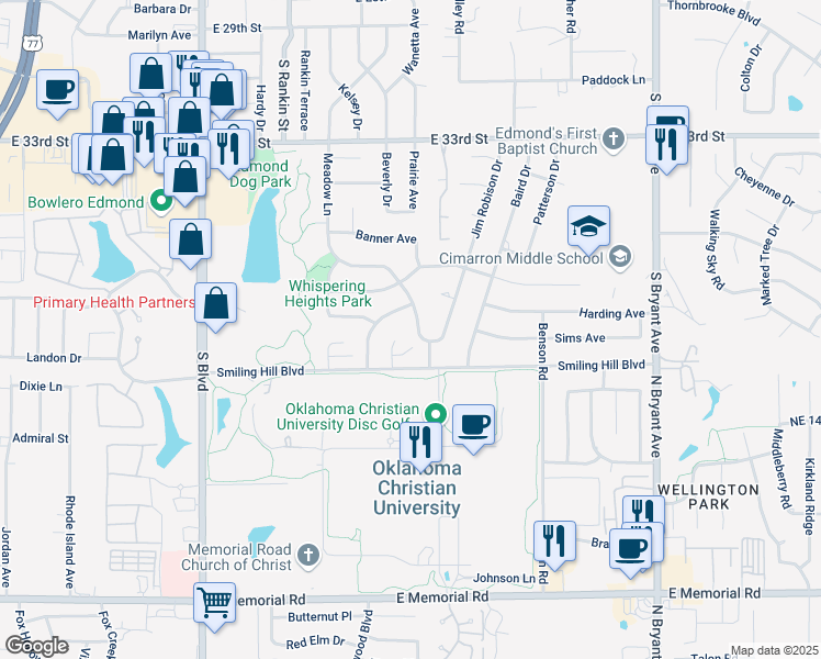 map of restaurants, bars, coffee shops, grocery stores, and more near 3817 Meadow Lane in Edmond